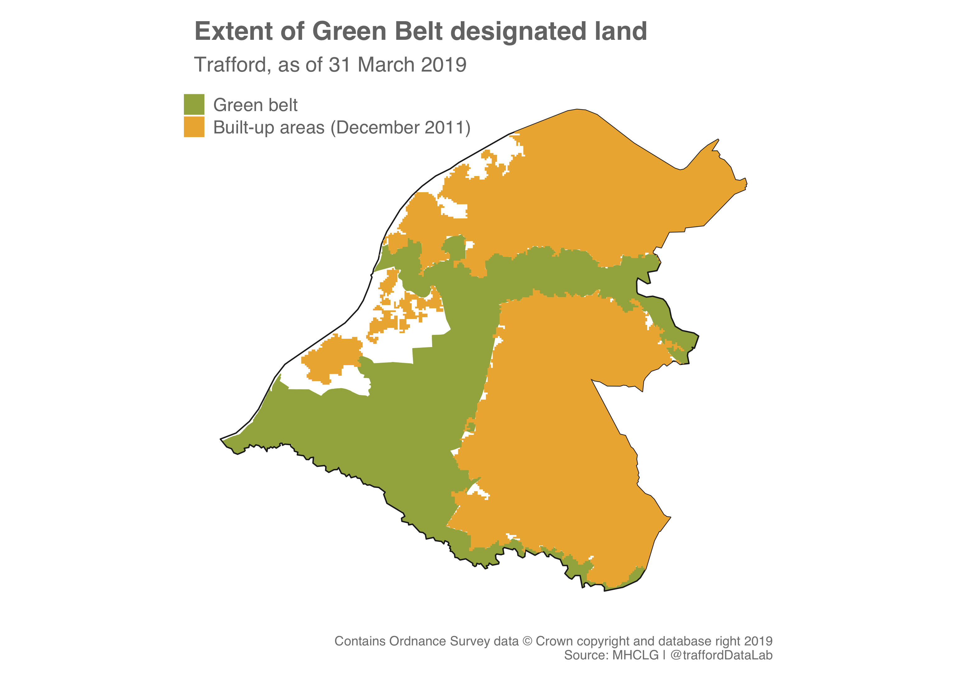 Map showing the extent of Green Belt designated land in Trafford, March 2019.