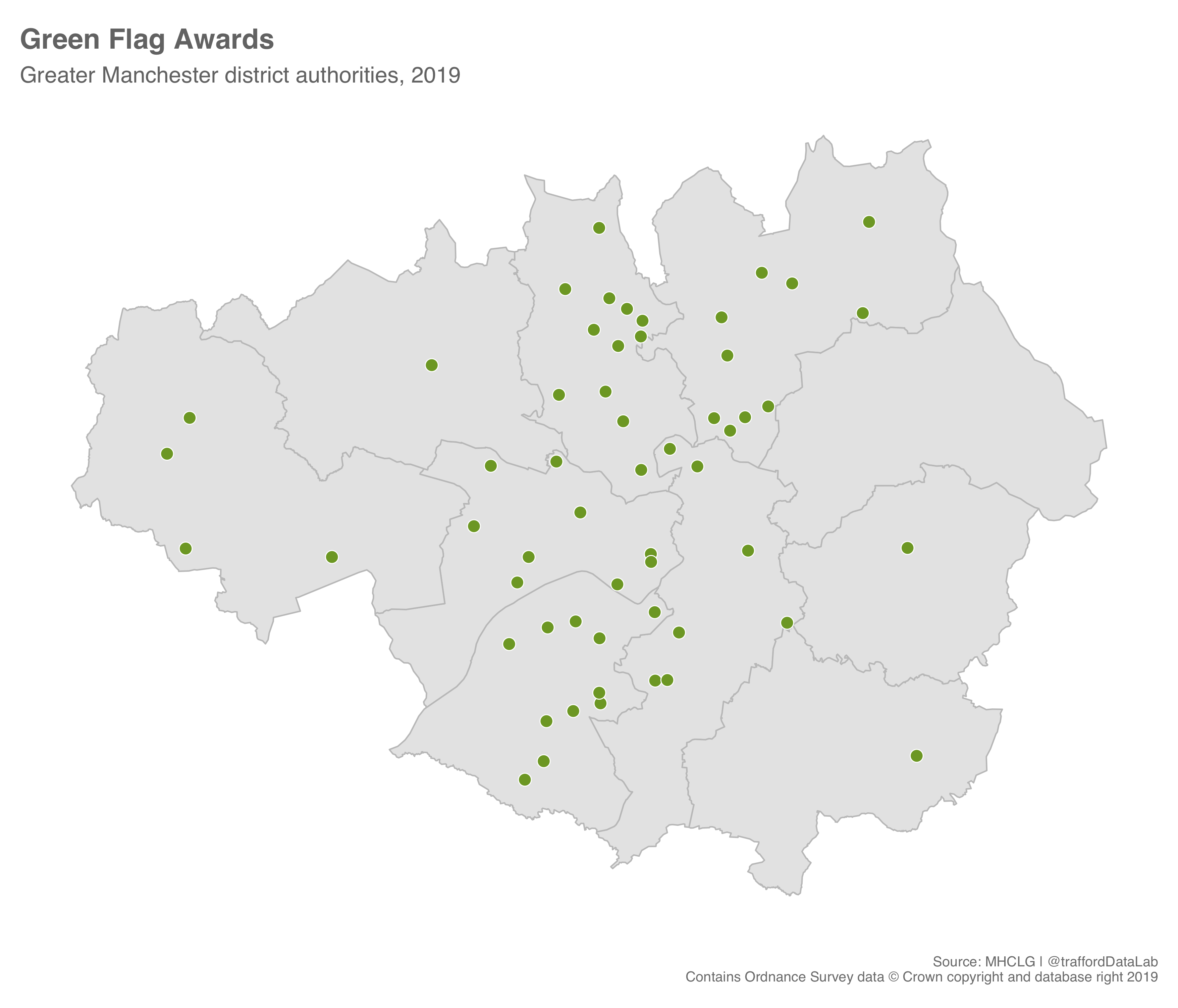 Greater Manchester region with Local Authority boundaries showing Green Flag Award locations.