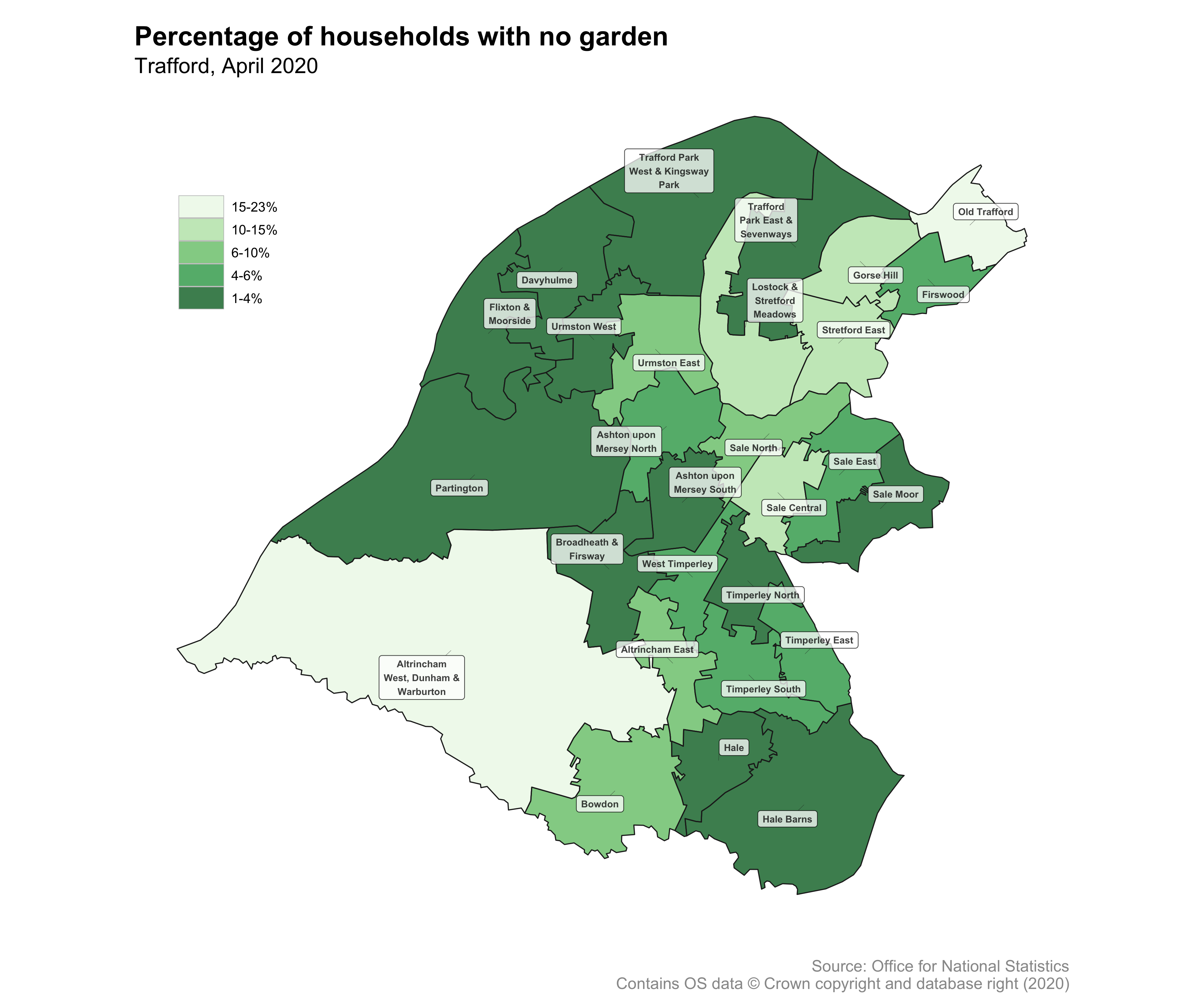 Choropleth map showing percentage of households with no access to a private or shared garden by MSOA