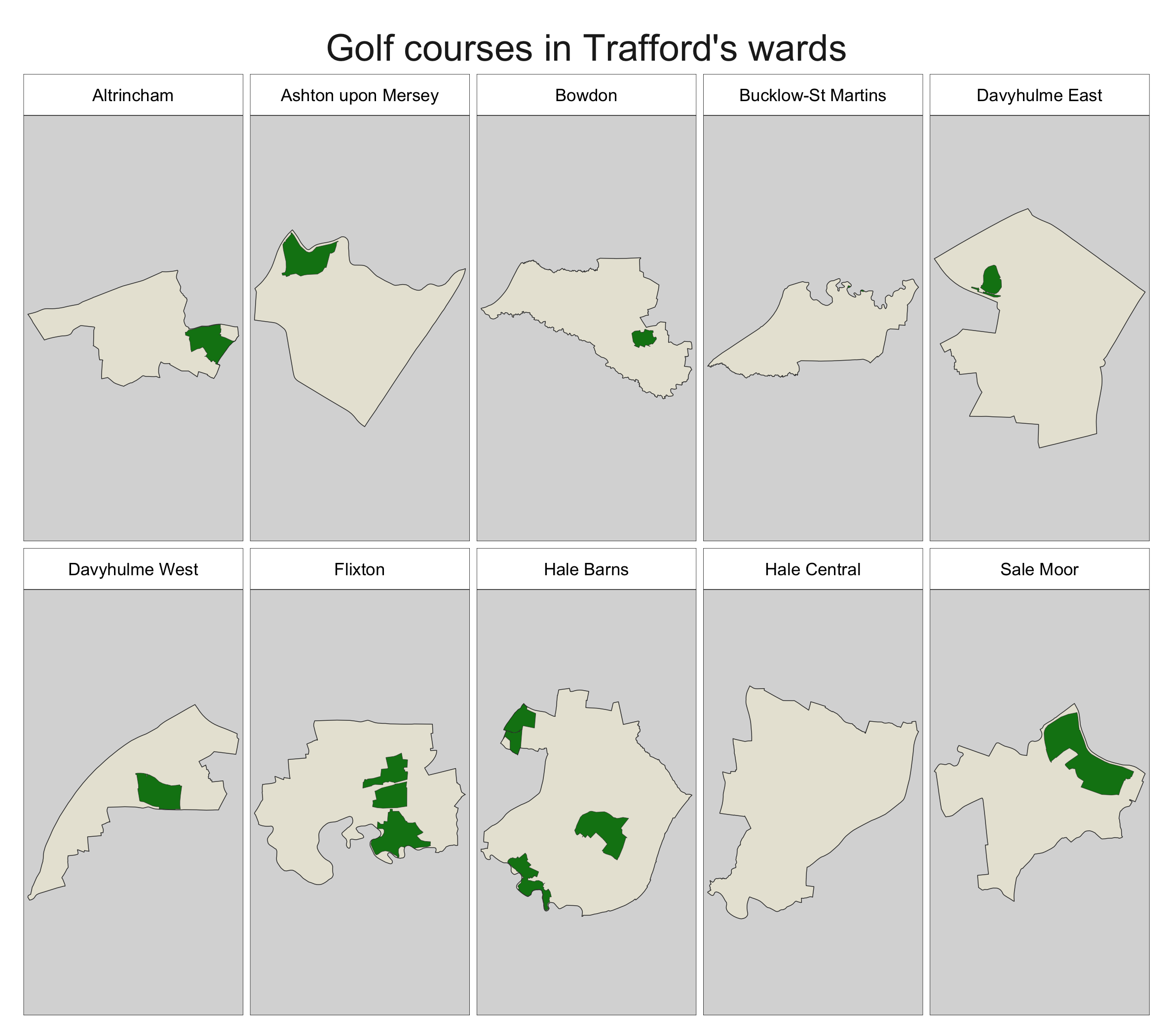 Small multiples map showing the area covered by golf courses in Trafford's electoral wards.
