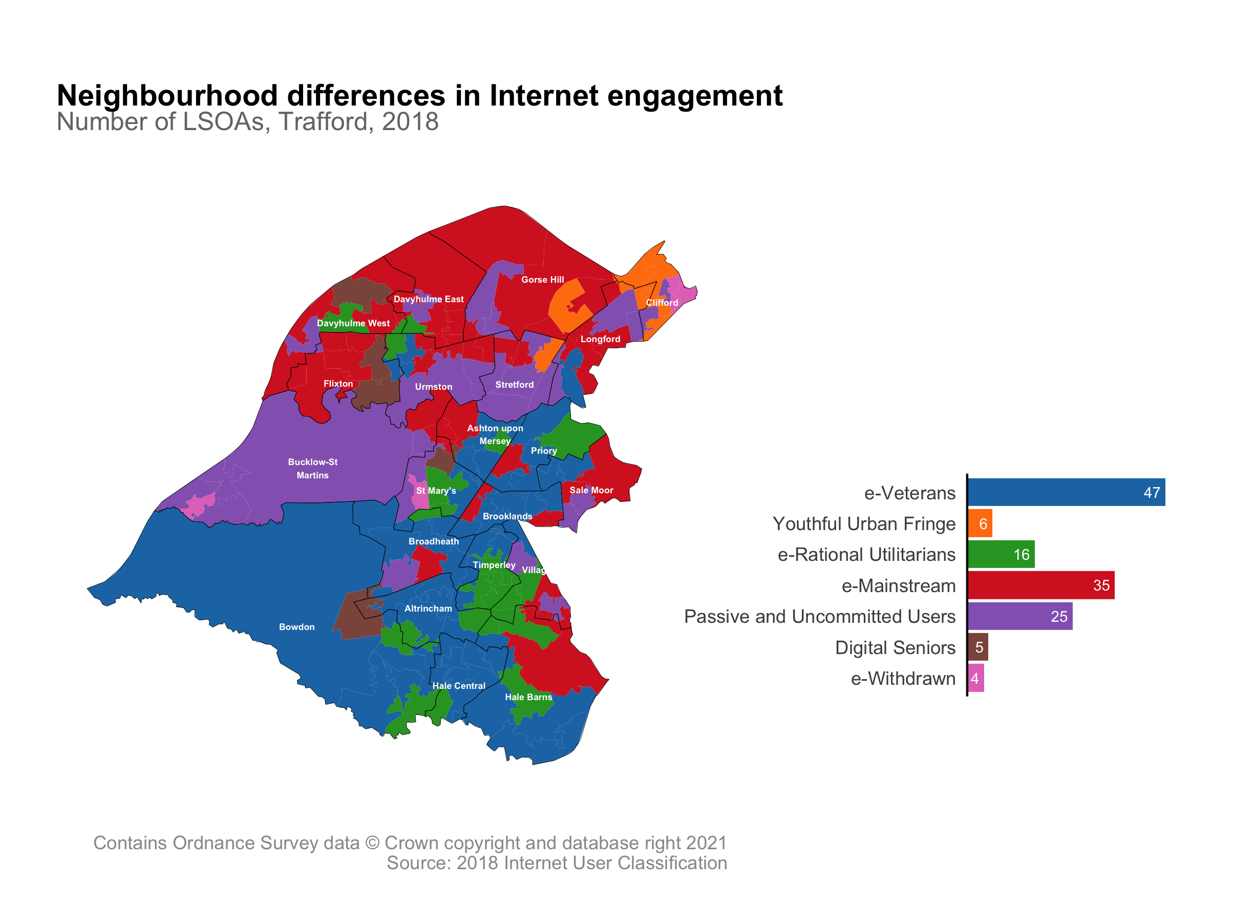 Map showing the distribution of Internet engagement across Trafford's neighbourhoods