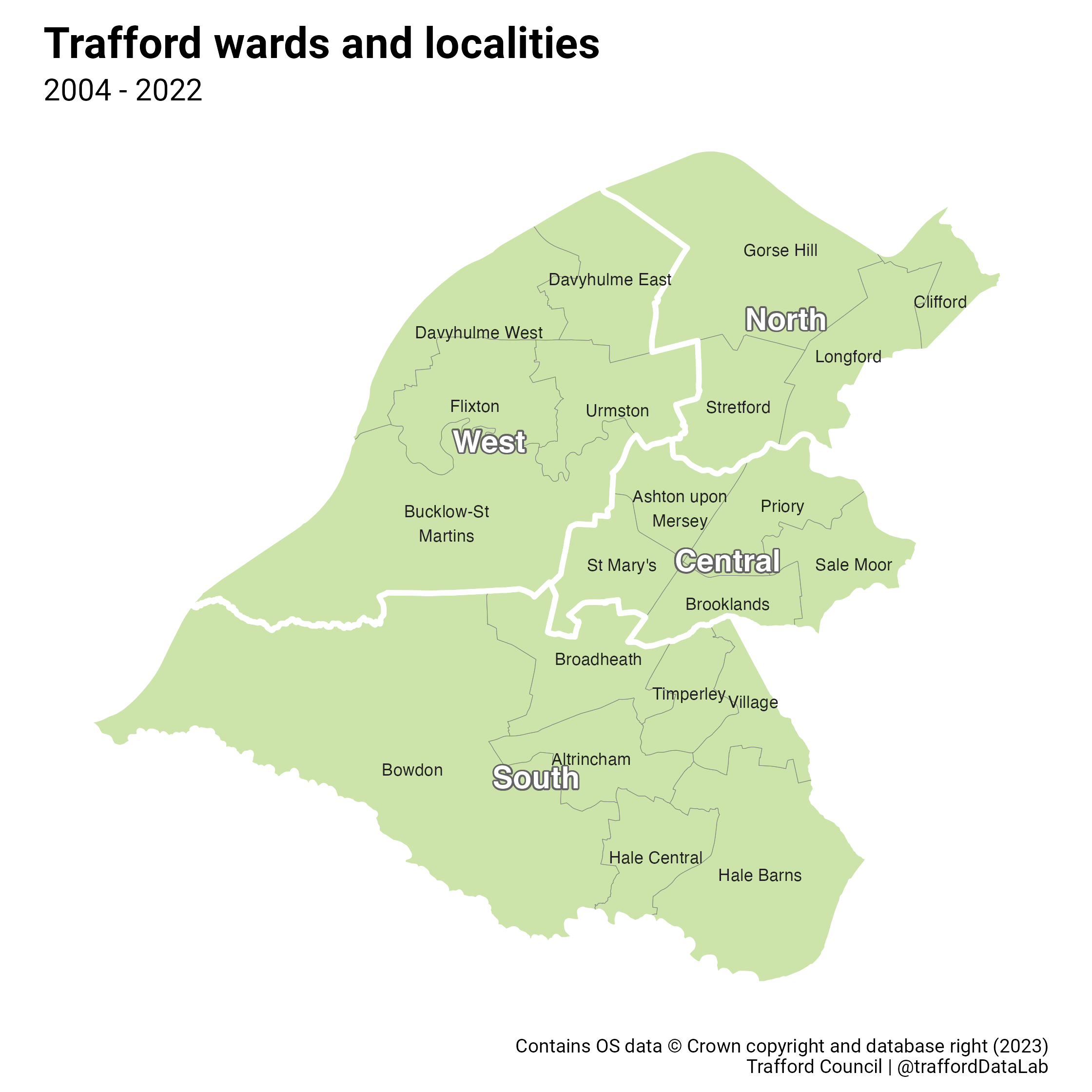 Map of Trafford showing the wards and locality boundaries from 2004 to 2022.