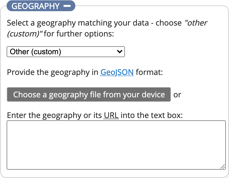 Screenshot of the geography section expanded and custom option selected.