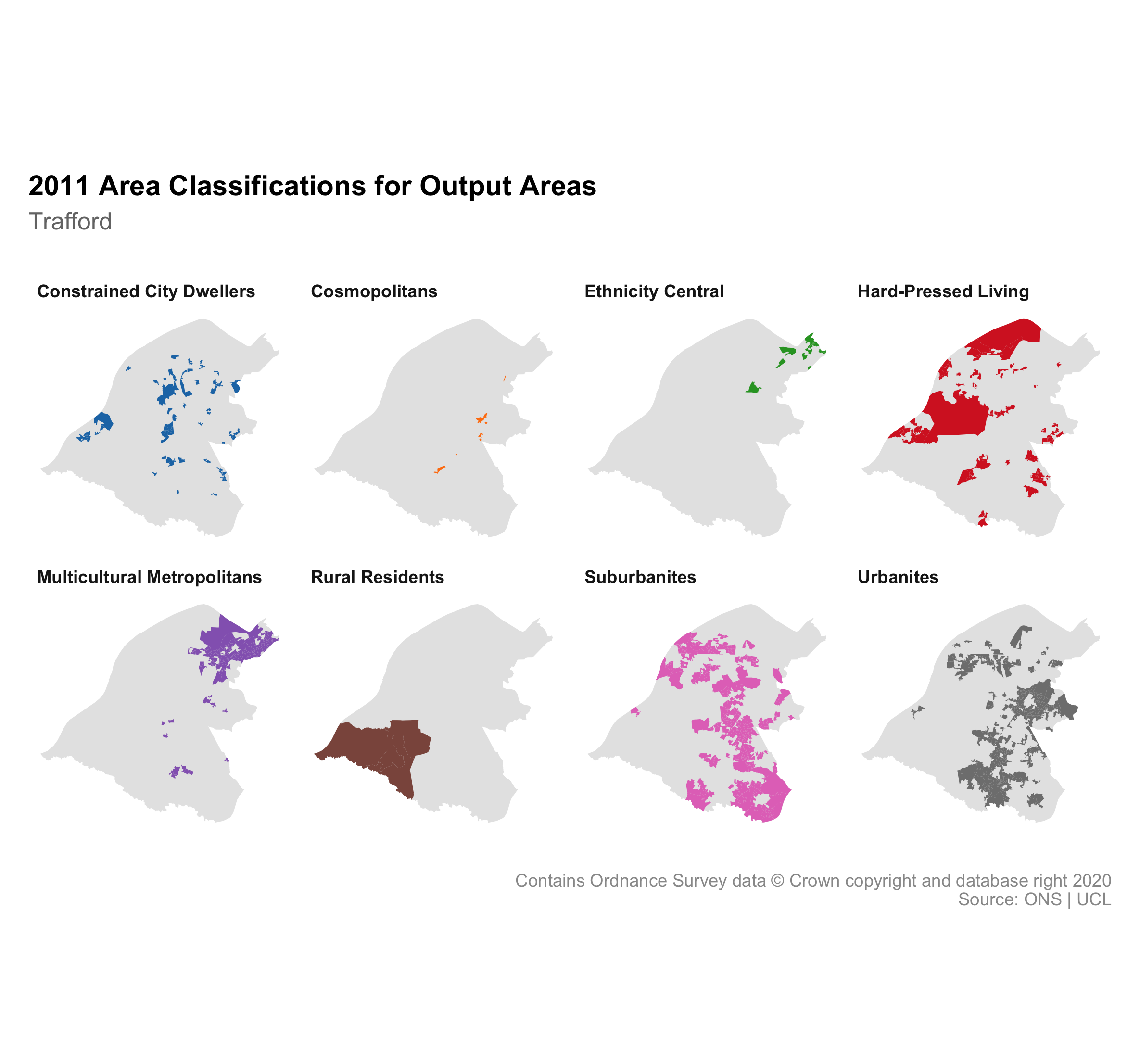 8 small maps of Trafford showing the different 2011 Output Area Classifications within.