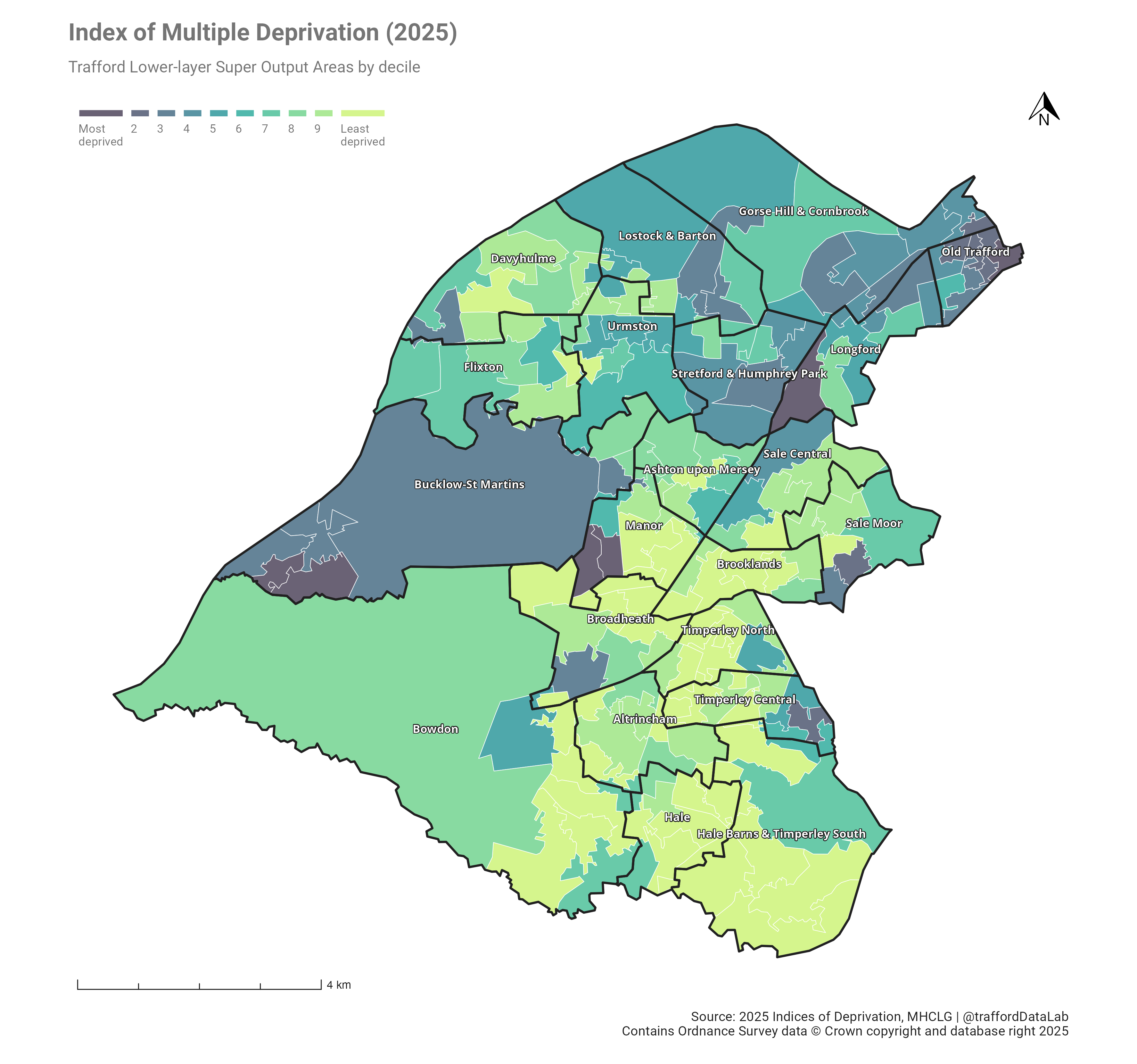 Map of Trafford showing the Lower-layer Super Output Areas coloured according to their IMD rank.