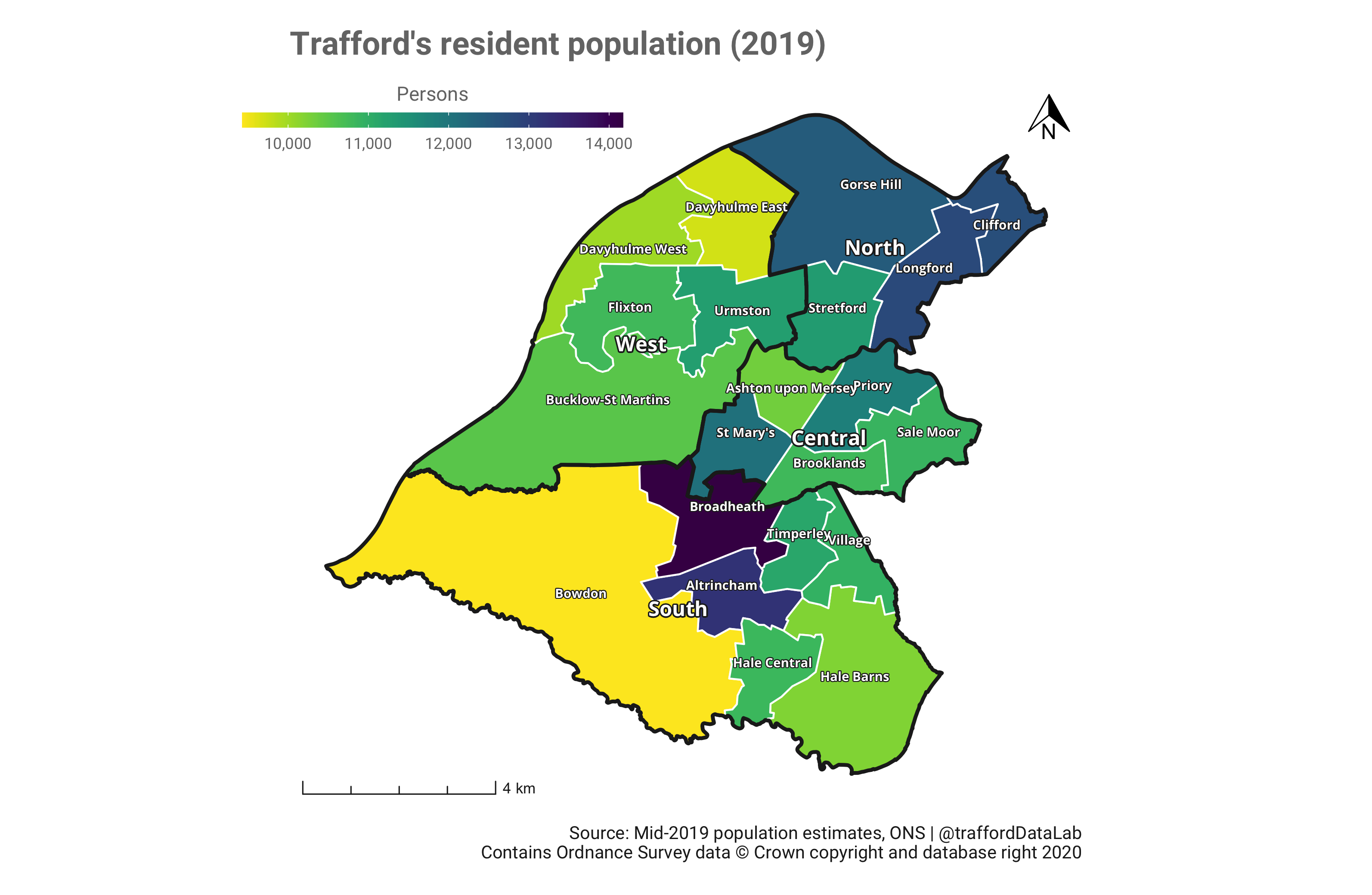 Map of Trafford showing the 21 wards coloured according to their mid-2019 population estimates.