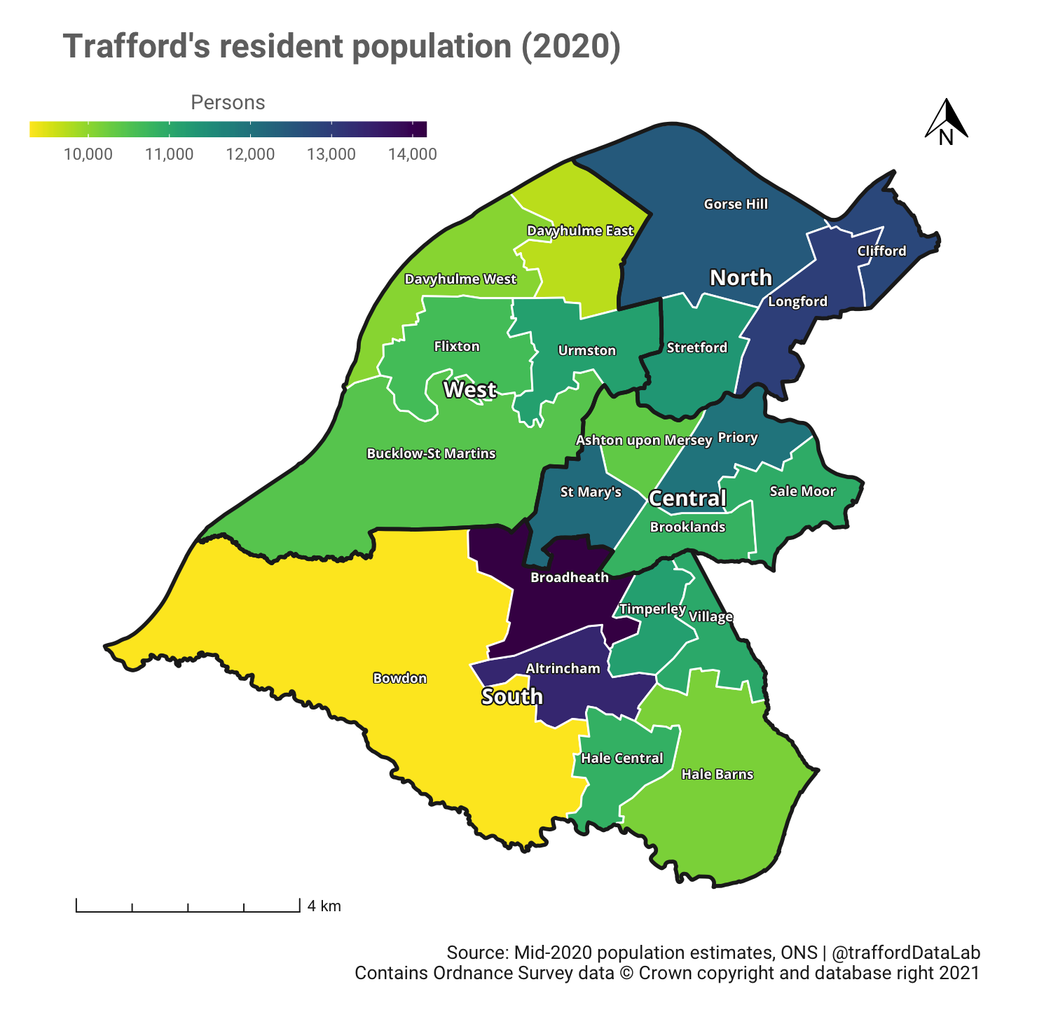 Map of Trafford showing the 21 wards coloured according to their mid-2020 population estimates.