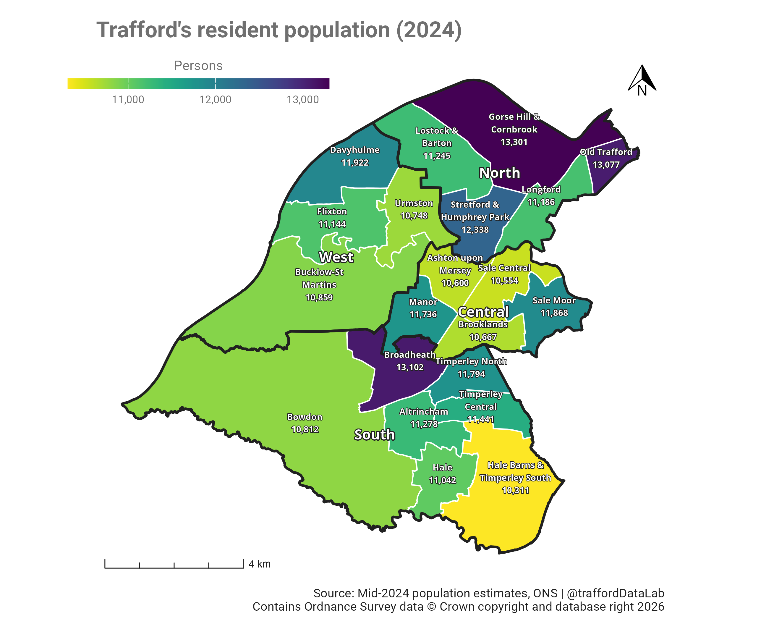 Map of Trafford showing the 21 wards coloured according to their mid-2024 population estimates.