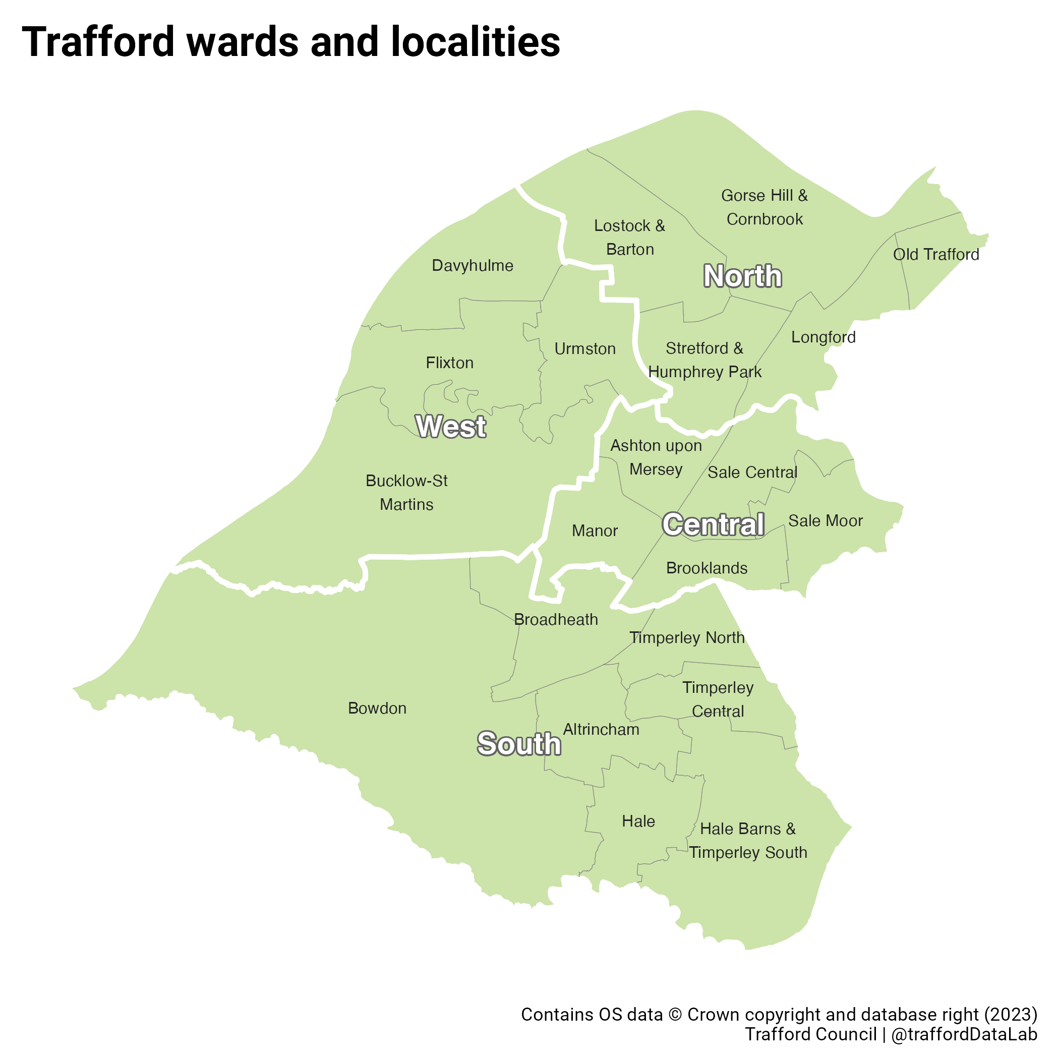 Map of Trafford showing the boundaries of the 21 wards and 4 localities.